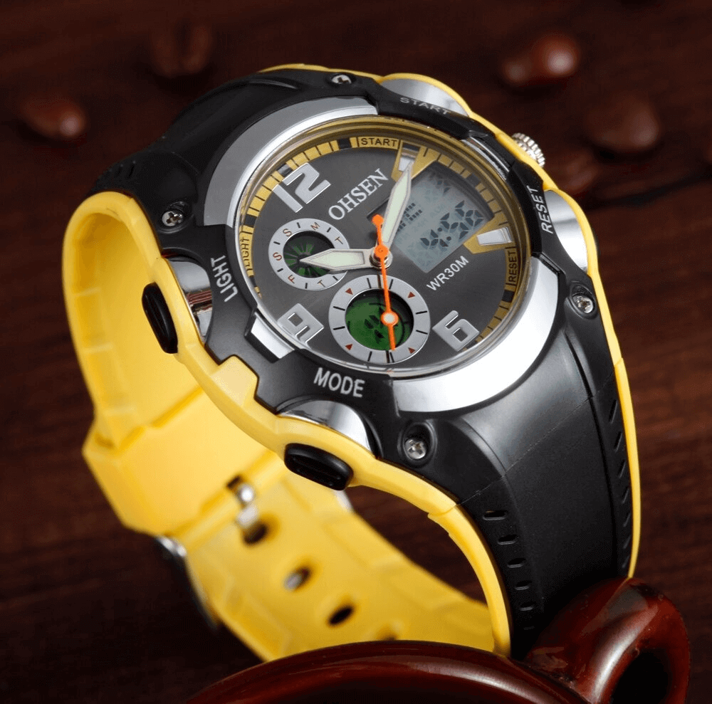 Sleek digital quartz wristwatch with yellow fashion silicone band, LED display, and multiple features, perfect for any occasion.